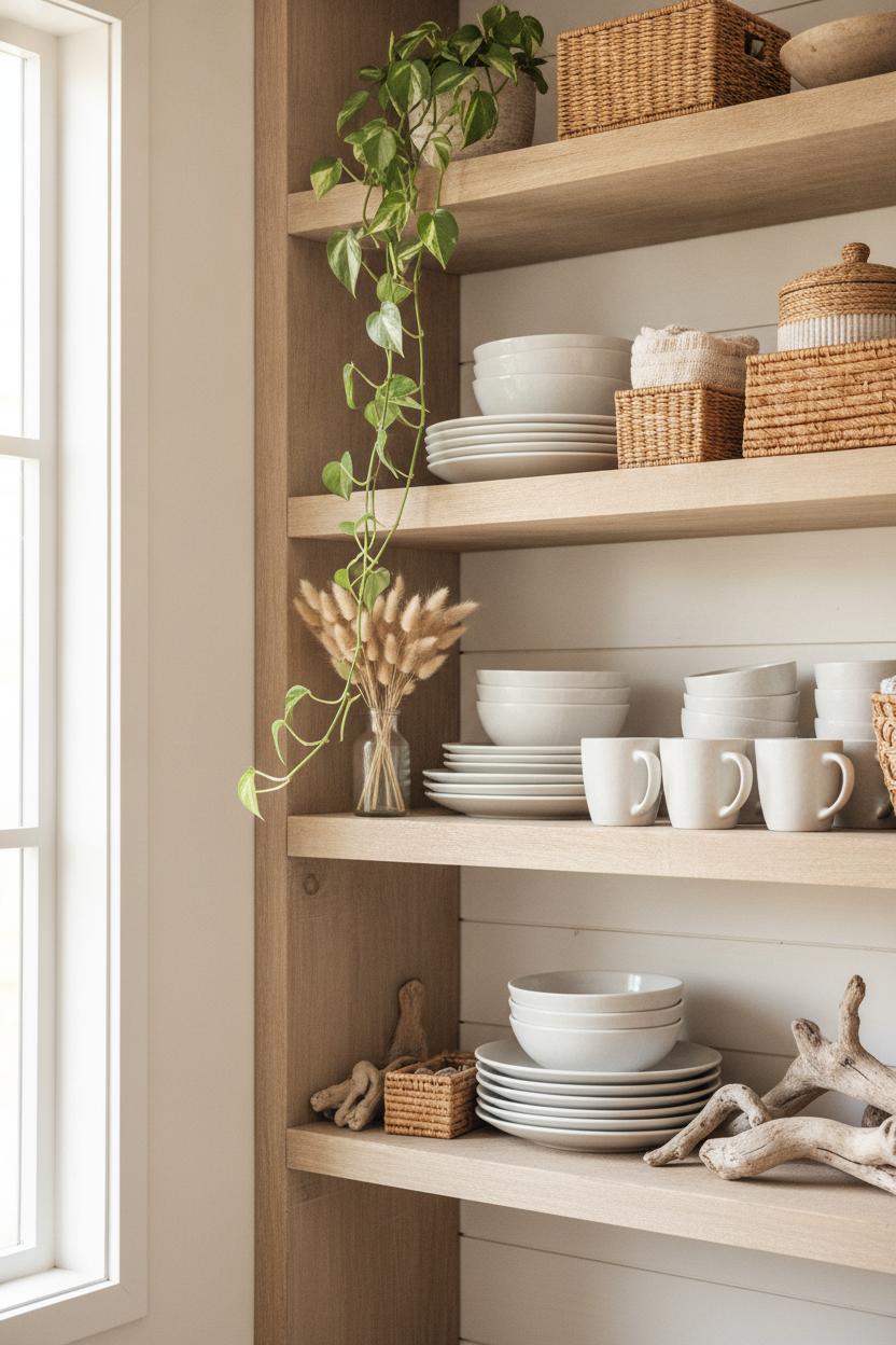 Open wooden kitchen shelves styled with ceramics, rattan baskets, and pampas grass — coastal boho kitchen decor ideas