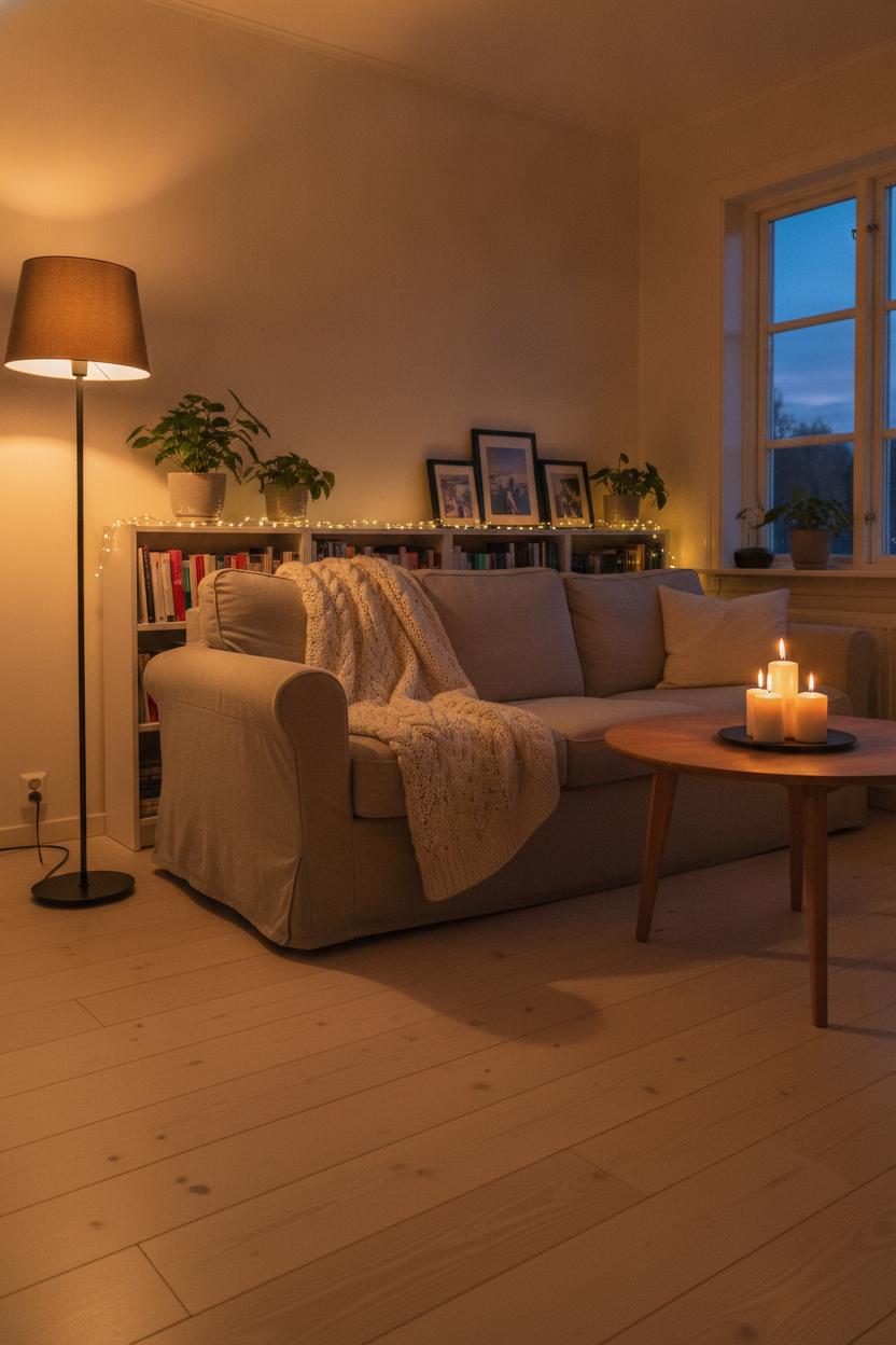 Cozy Scandinavian living room with hygge candles and warm lighting ideas including floor lamp and fairy lights