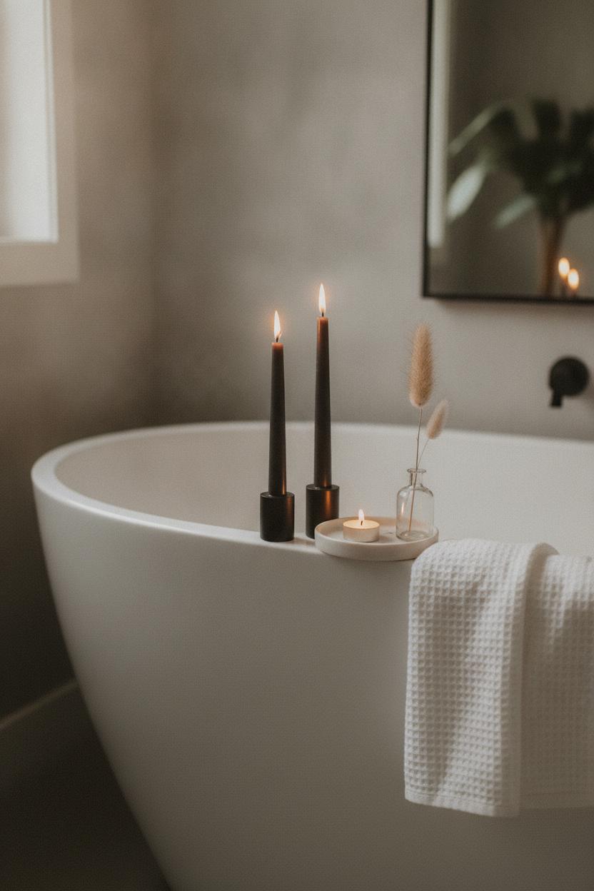 Hygge candles and warm lighting ideas styled on a white freestanding bathtub with pampas grass and waffle towel