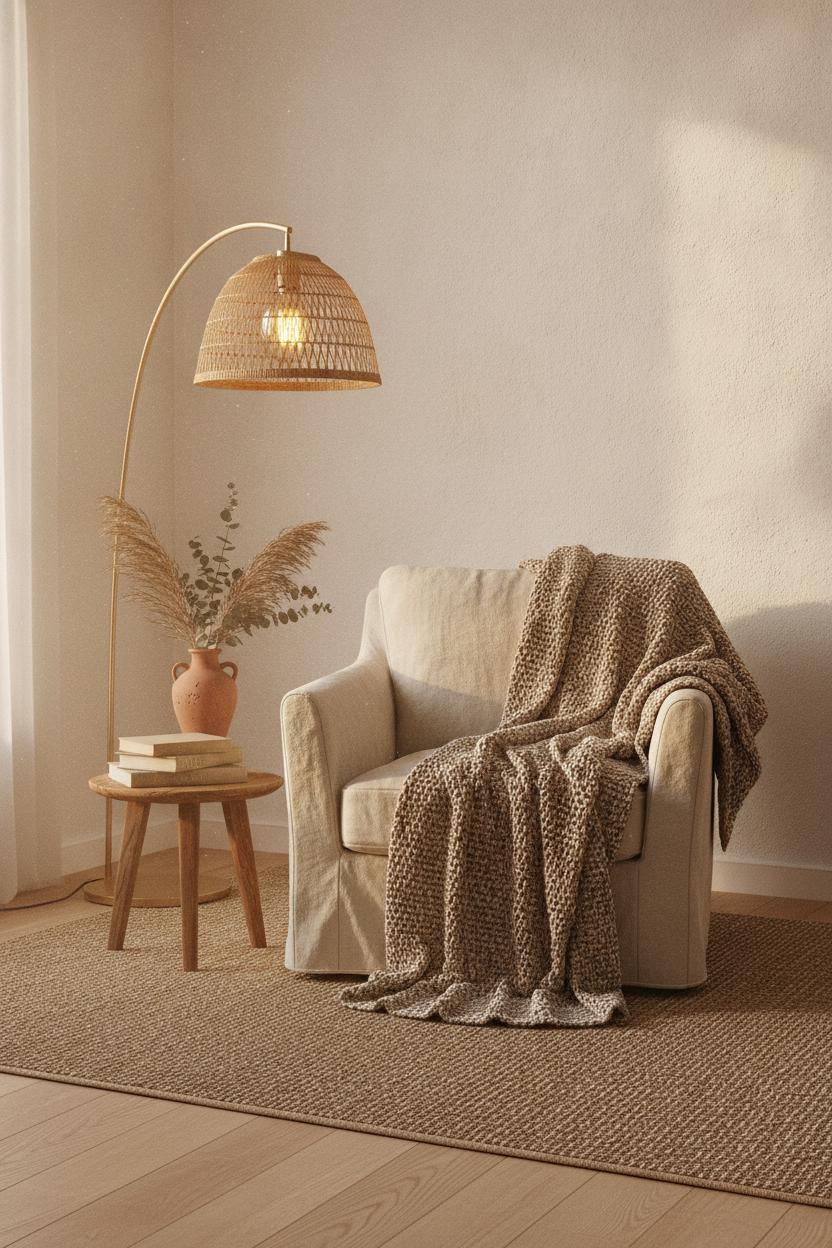 Minimalist bedroom corner with rattan arc floor lamp, warm Edison bulb glow, linen armchair, and cozy hygge candles and warm lighting ideas