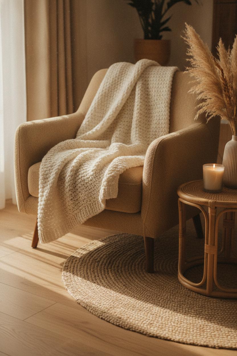 Cozy neutral color palette home decor with cream knit throw, boucle chair, pampas grass, and rattan table in warm light