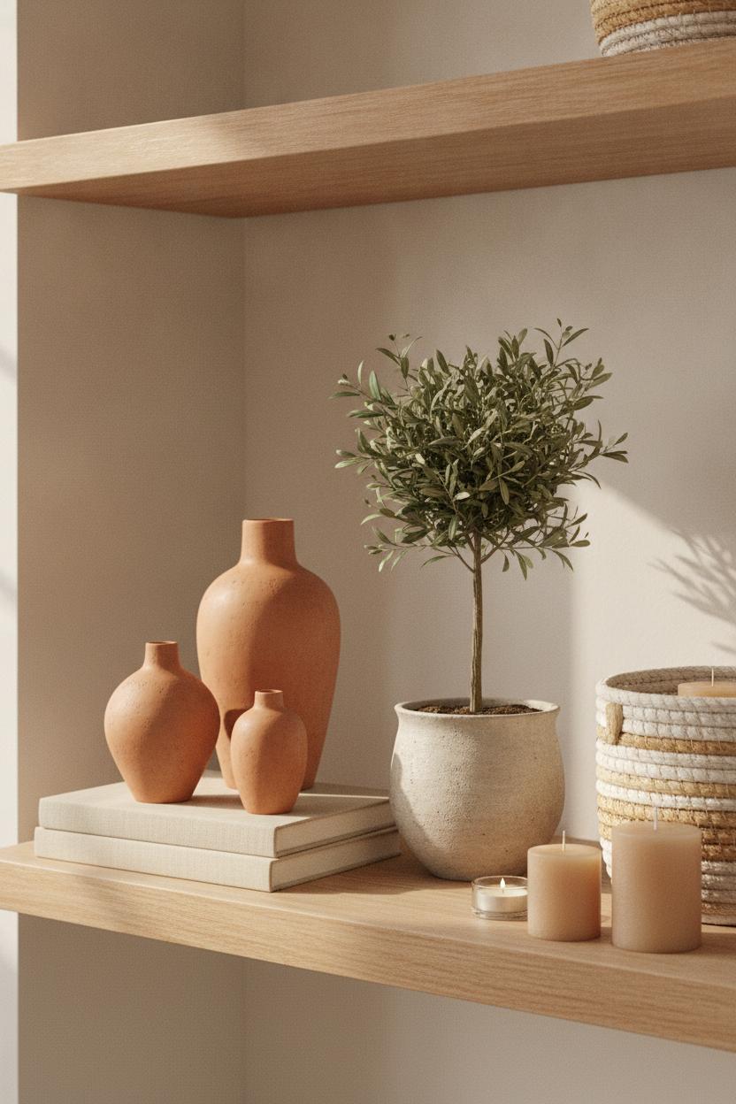 Styled shelf with terracotta vases, linen books, and olive tree showcasing neutral color palette home decor accents