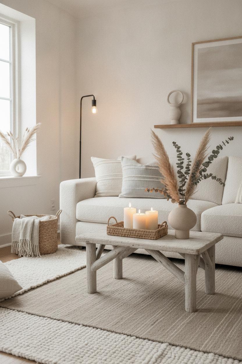Styled neutral color palette home decor: cream bouclé sofa, wool rugs, driftwood table, dried botanicals, warm ambient lighting