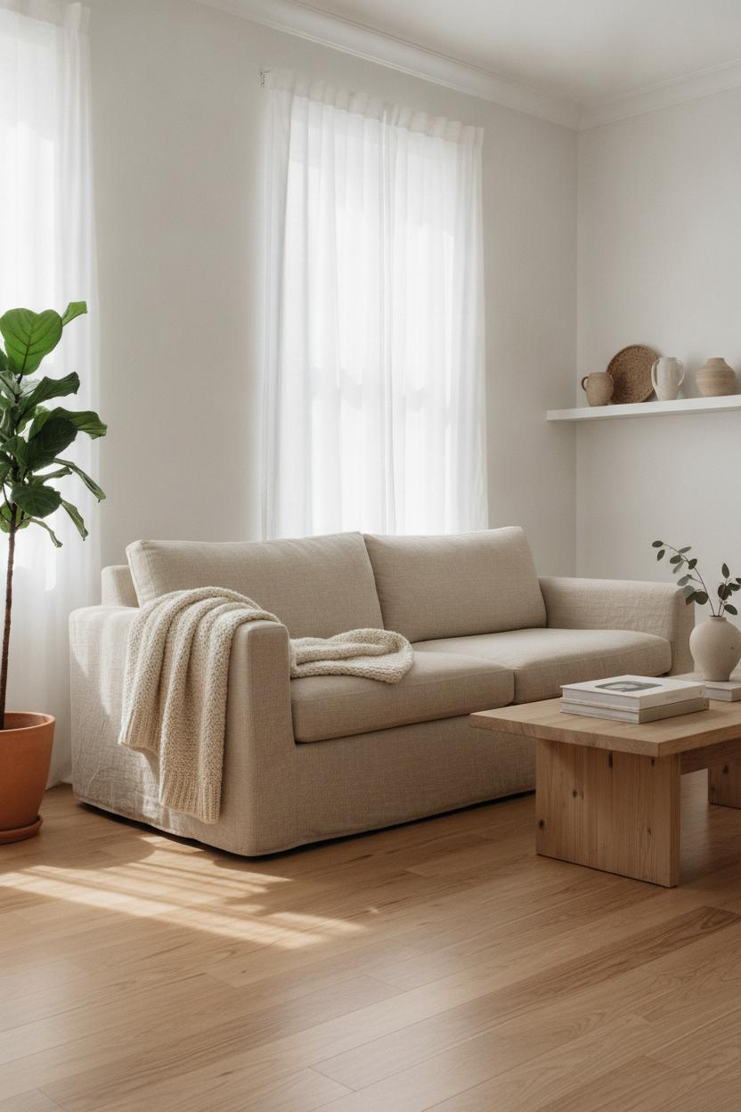 Serene living room showcasing neutral color palette home decor with beige sofa, cream throw, and wood coffee table
