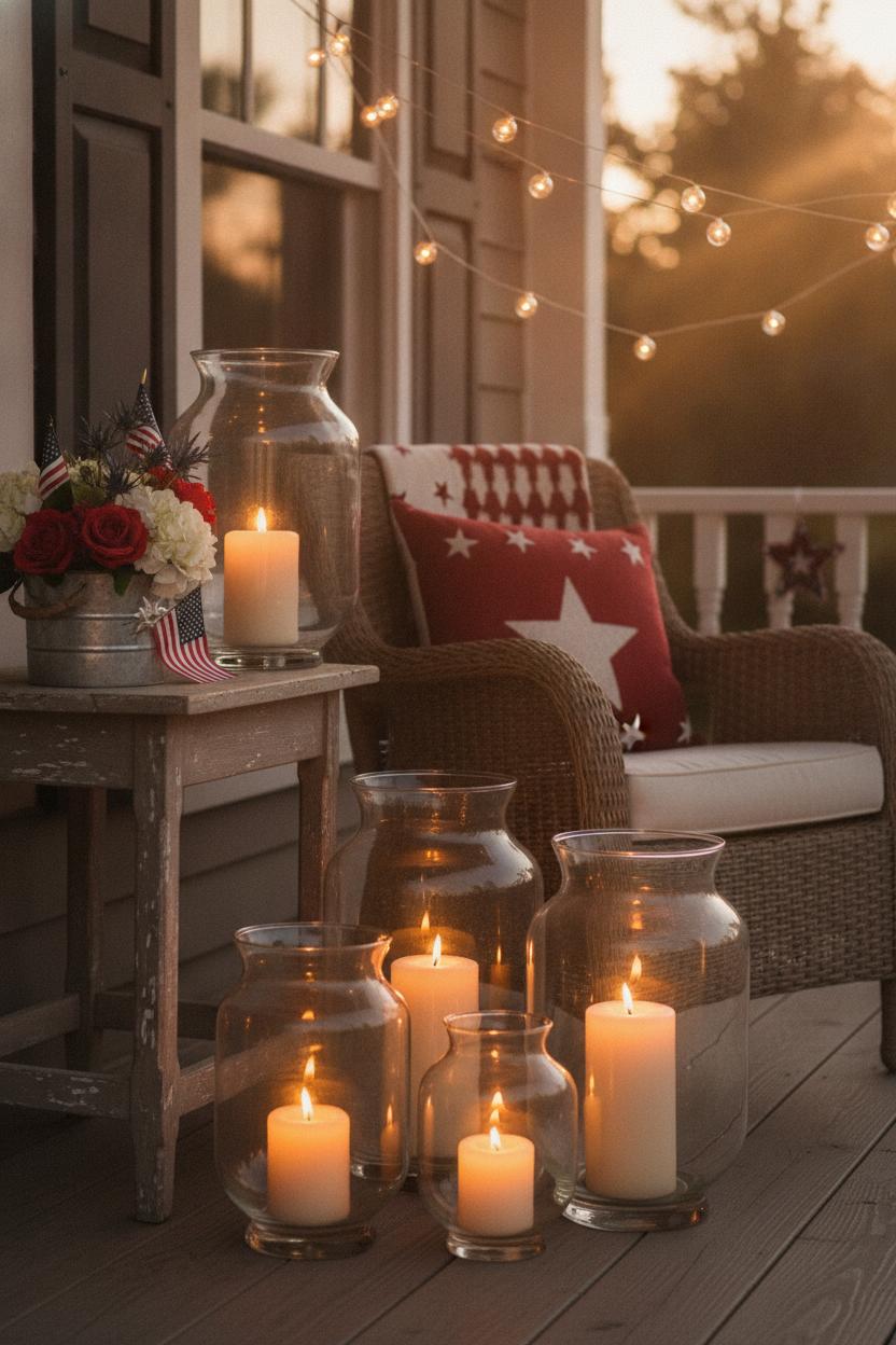 Cozy front porch with july 4th porch decorating ideas featuring glass lanterns, white candles, and red star accents