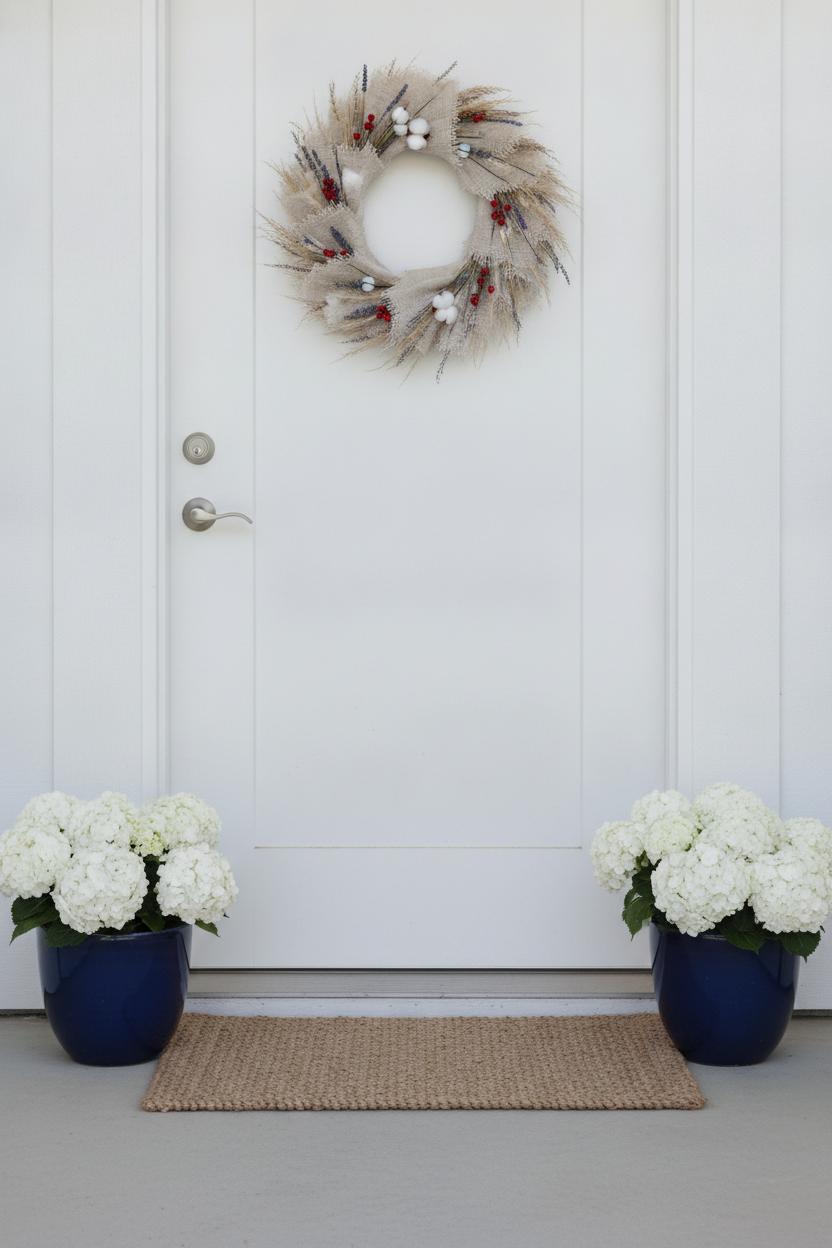 Minimalist july 4th porch decorating ideas with linen wreath, navy planters, white hydrangeas, and neutral woven rug