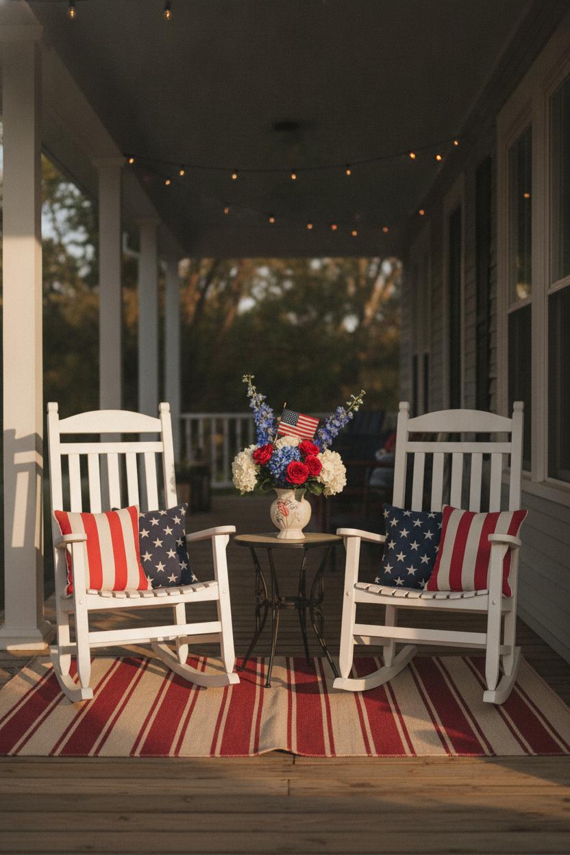 White rocking chairs with patriotic pillows on a decorated front porch — july 4th porch decorating ideas with fairy lights