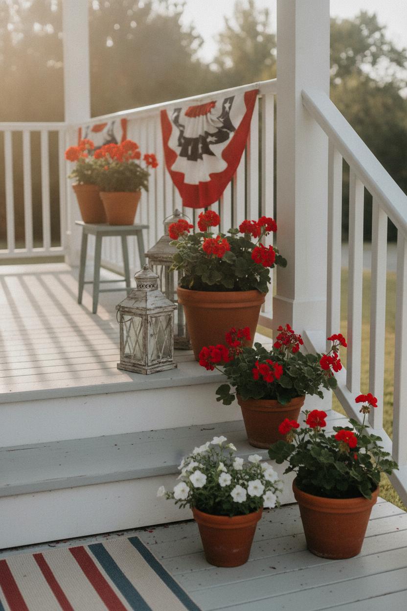 White porch with red white and blue bunting, geraniums, and lanterns — classic july 4th porch decorating ideas