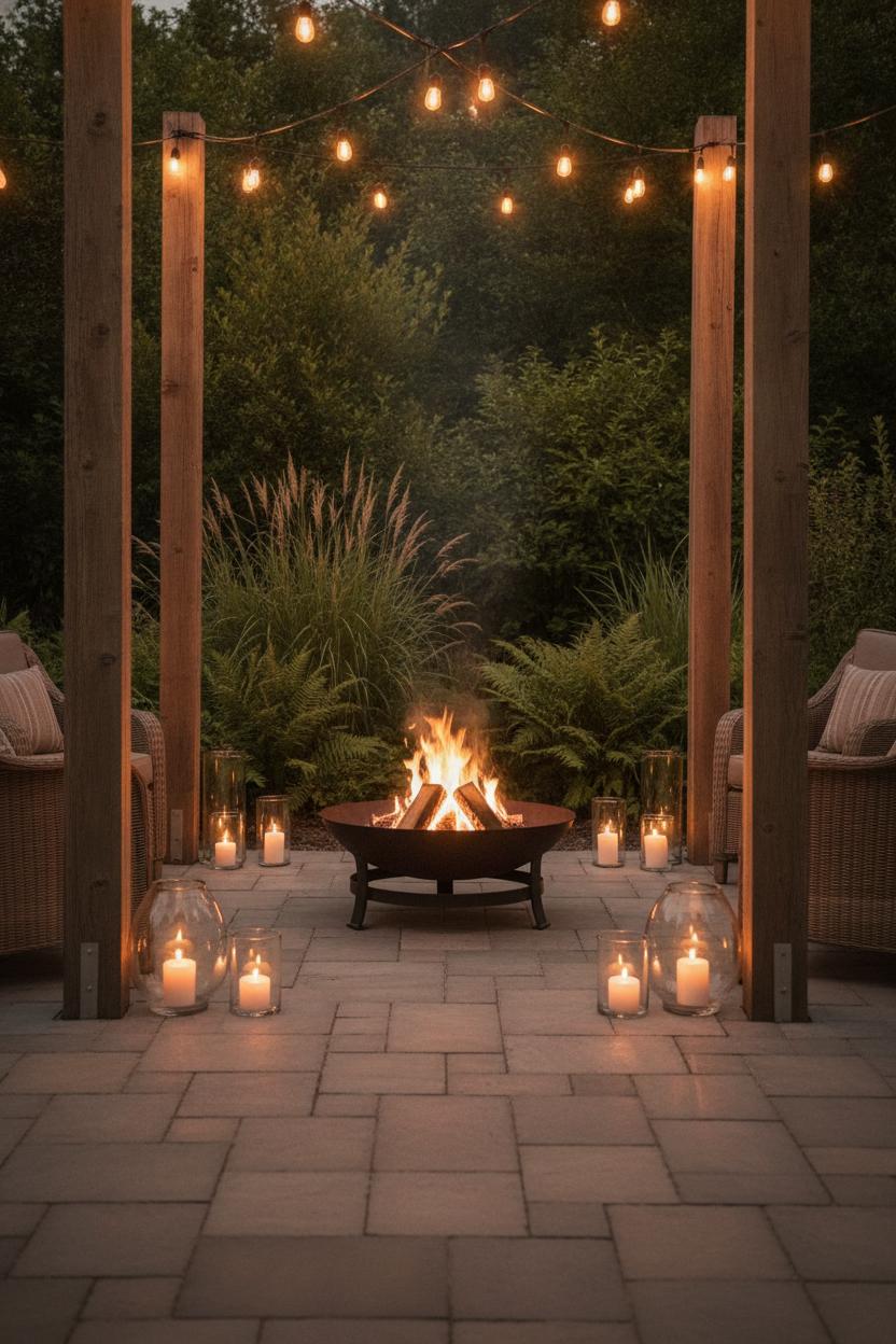 Cozy backyard fire pit with Edison string lights and glass lanterns glowing on stone pavers — summer outdoor fire pit decor