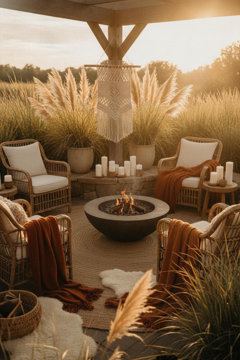 Boho summer outdoor fire pit decor with rattan chairs, jute throws, pampas grass, and candles in warm golden light