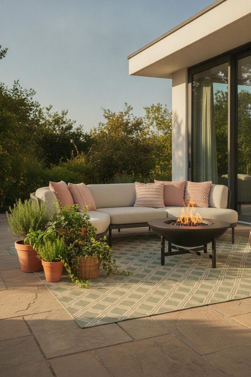Styled summer outdoor fire pit decor with sage geometric rug, dusty rose pillows, and black metal fire pit