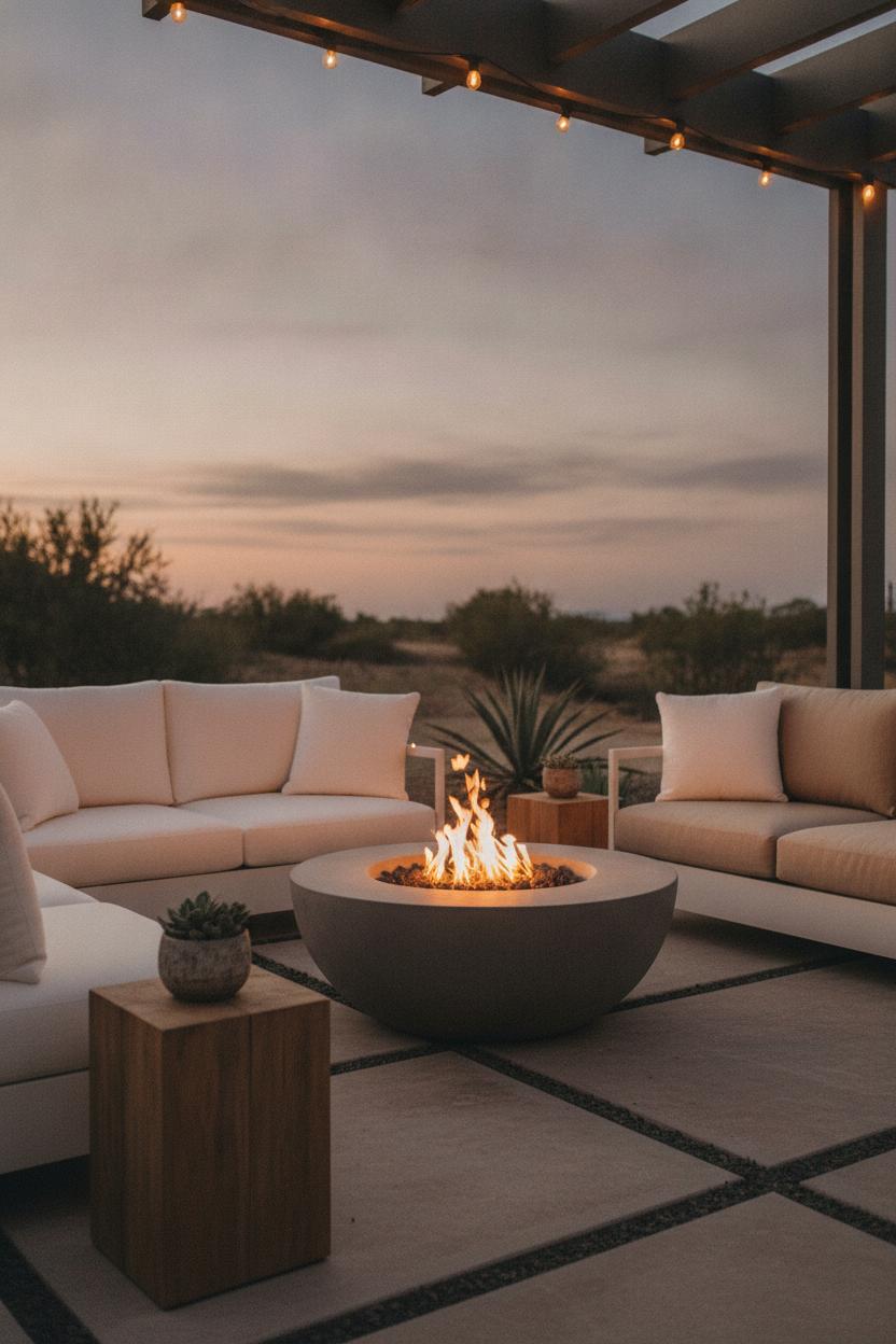 Minimalist summer outdoor fire pit decor with linen sofas, concrete pit, amber flames, and succulents at dusk