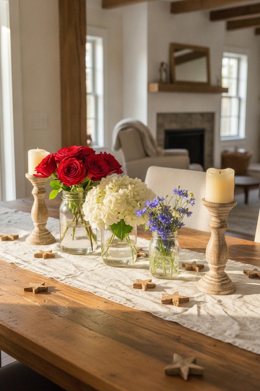 Rustic farmhouse dining table with 4th of July cozy home decorating: mason jars, roses, and star cutouts