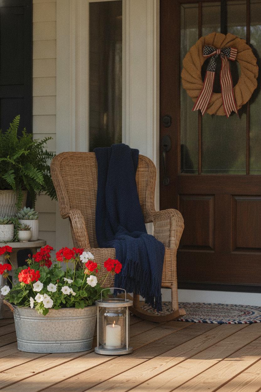 Cozy 4th of July front porch with rocking chair, navy throw, red geraniums, and flag wreath in morning light