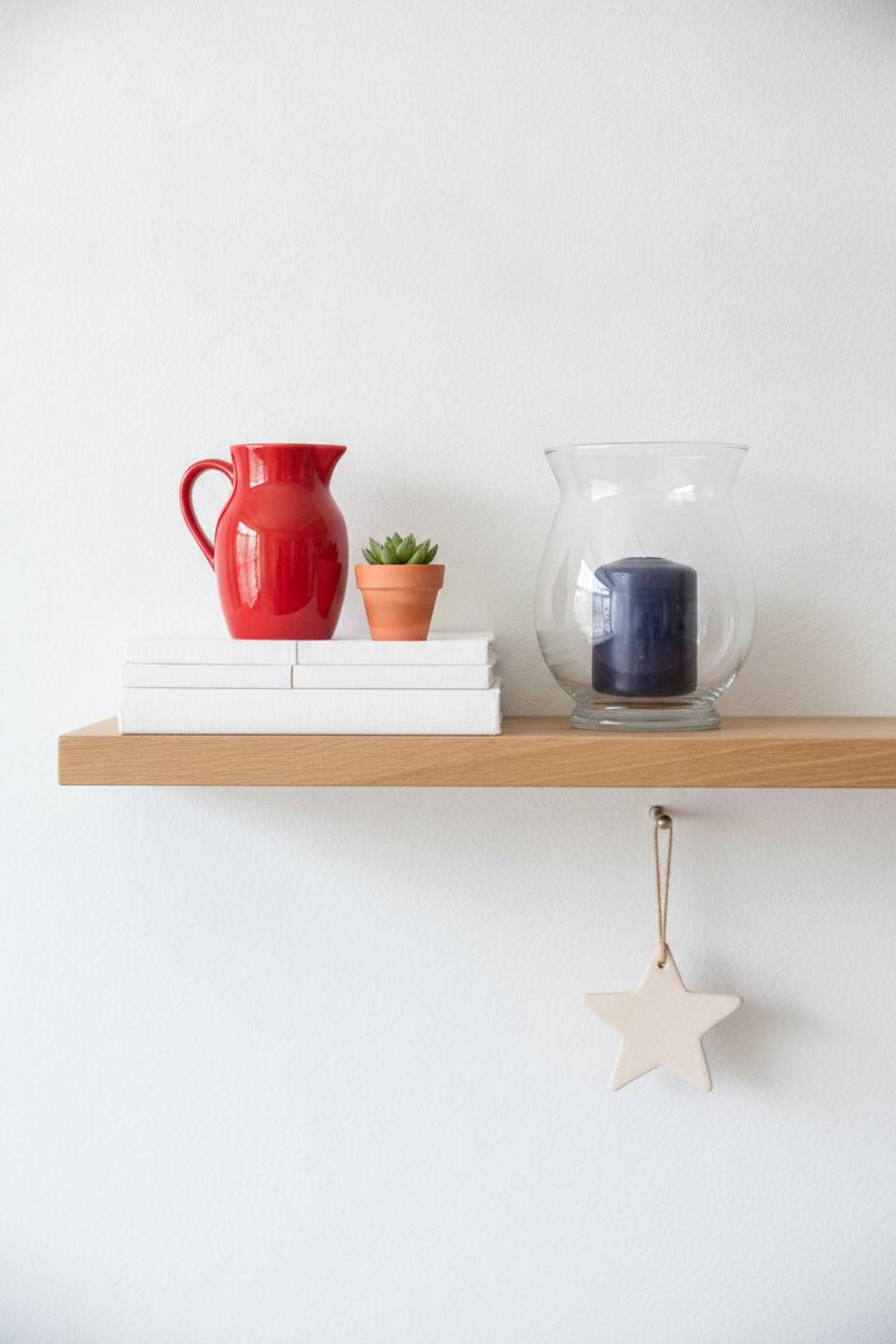 Minimalist floating wood shelf with 4th of July cozy home decorating: red pitcher, white books, succulent, navy candle, star ornament