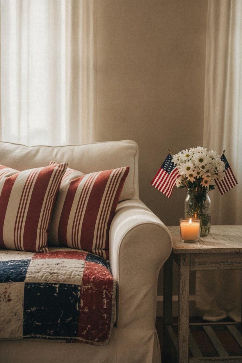 Cozy living room corner with patriotic throw blanket and pillows for 4th of July cozy home decorating