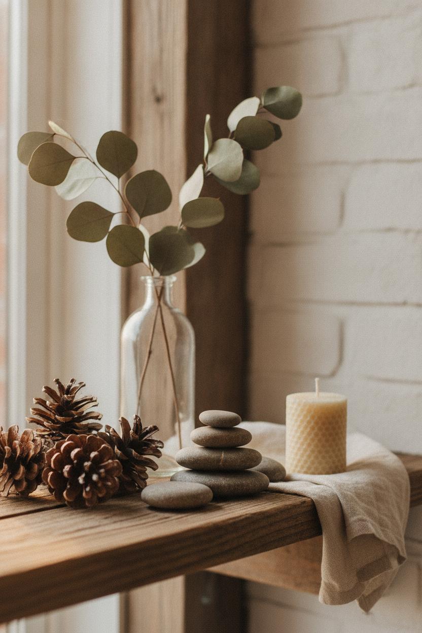 Rustic wooden shelf styled with pinecones, eucalyptus, river stones and beeswax candle — diy home decor on a budget