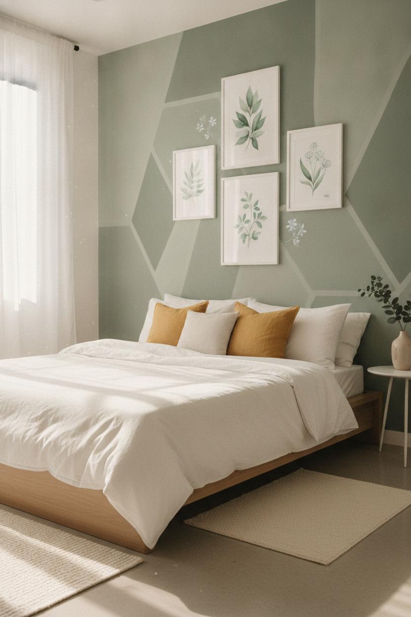 Minimalist bedroom with sage green geometric accent wall and botanical gallery prints — DIY home decor on a budget