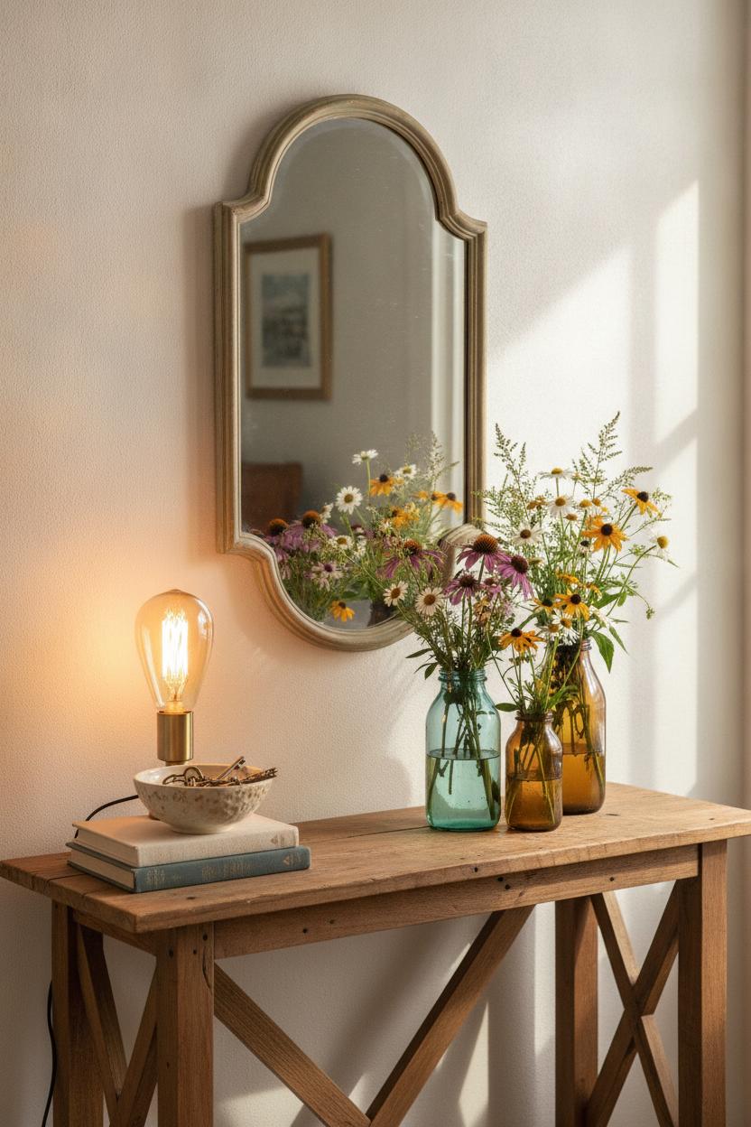 Styled entryway console with upcycled glass jar vases, thrifted mirror, and Edison lamp — DIY home decor on a budget