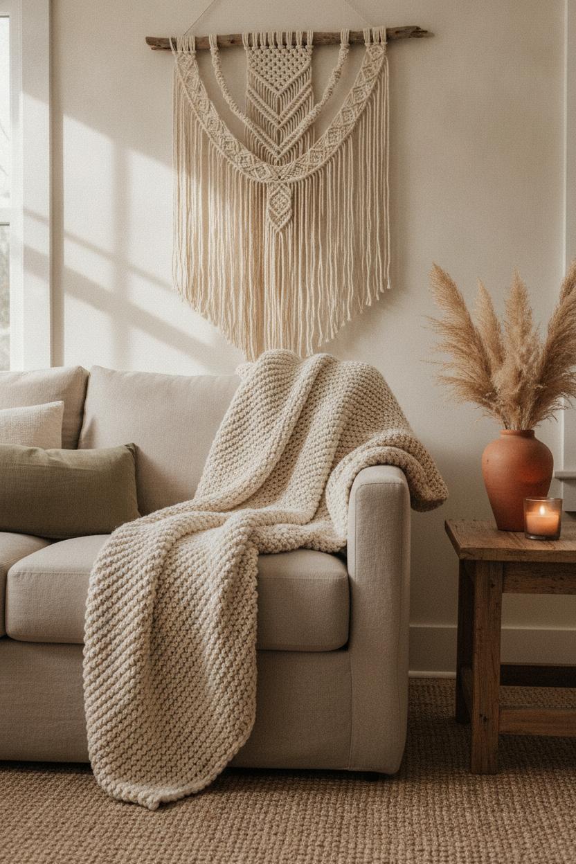 Cozy living room corner with chunky knit throw and macrame wall art — diy home decor on a budget inspiration