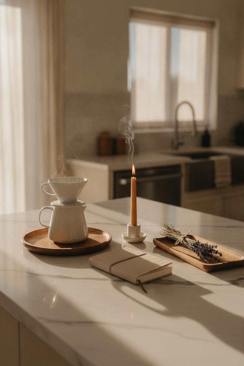Minimalist kitchen counter with pour-over coffee, candle, and lavender tray for a slow morning routine for busy women