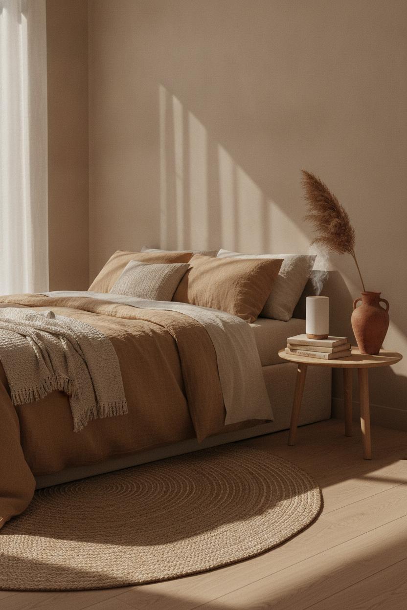 Cozy linen bedroom with books, ceramic diffuser, and pampas grass for a slow morning routine for busy women