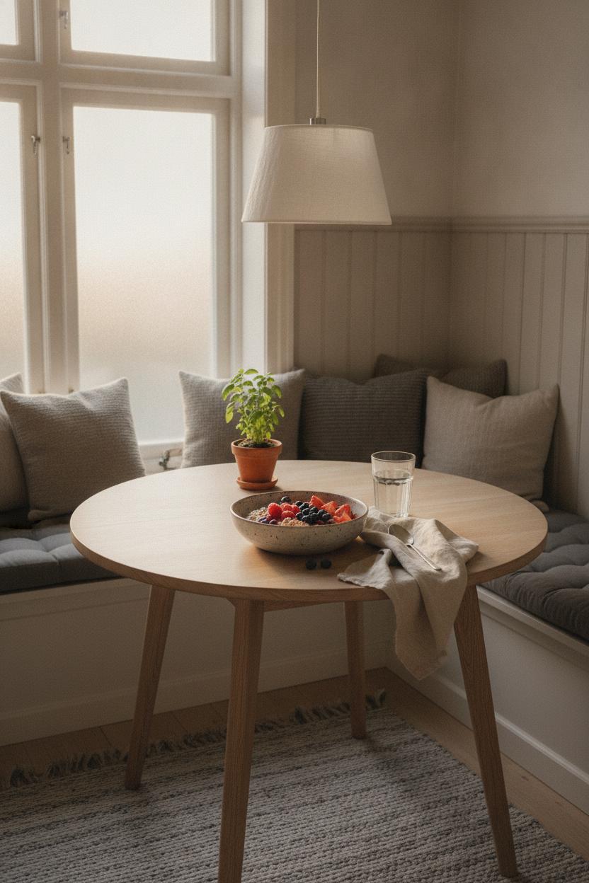 Scandinavian dining nook with oatmeal bowl and berries supporting a slow morning routine for busy women