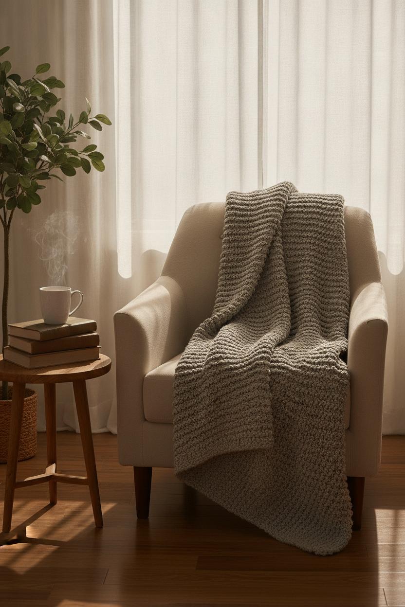 Cozy reading nook with cream armchair and steaming mug — perfect slow morning routine spot for busy women
