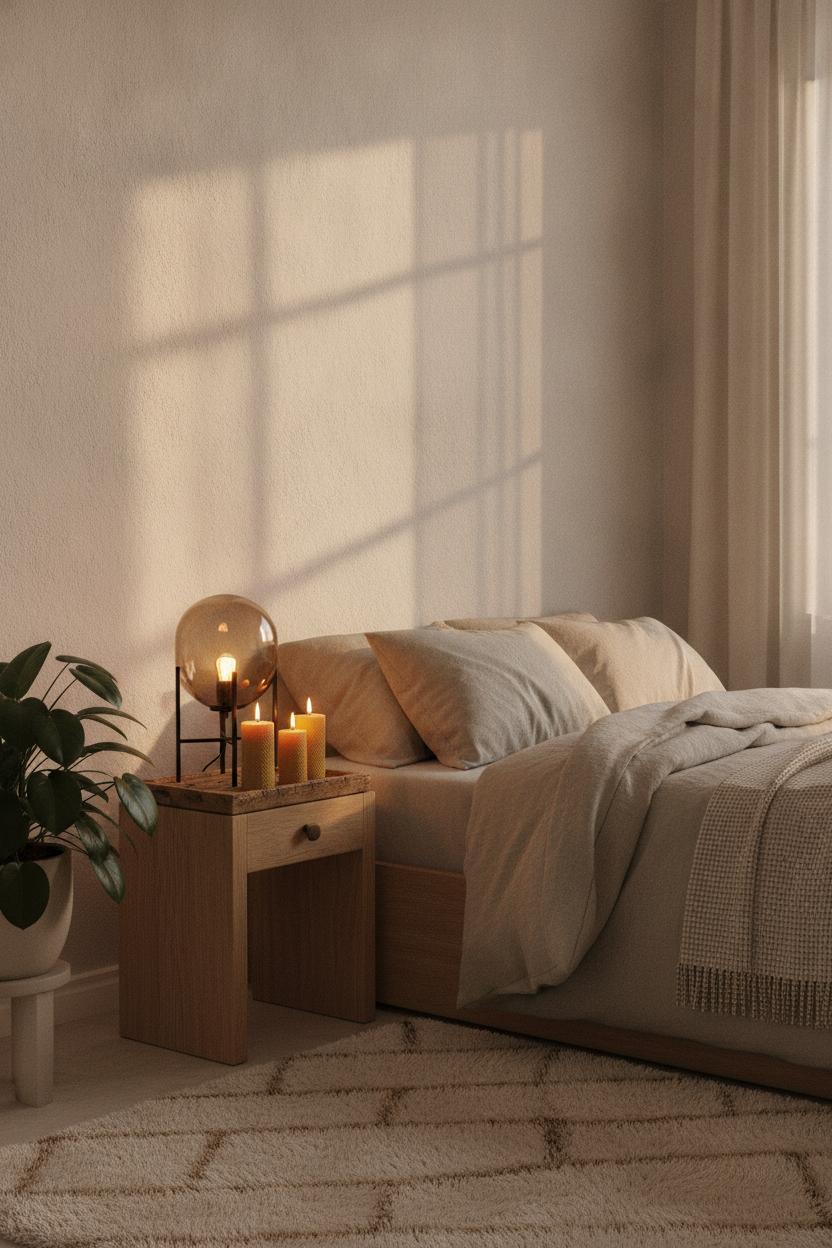 Minimalist bedroom with beeswax candles, amber lamp glow, and linen bedding — slow living home aesthetic tips