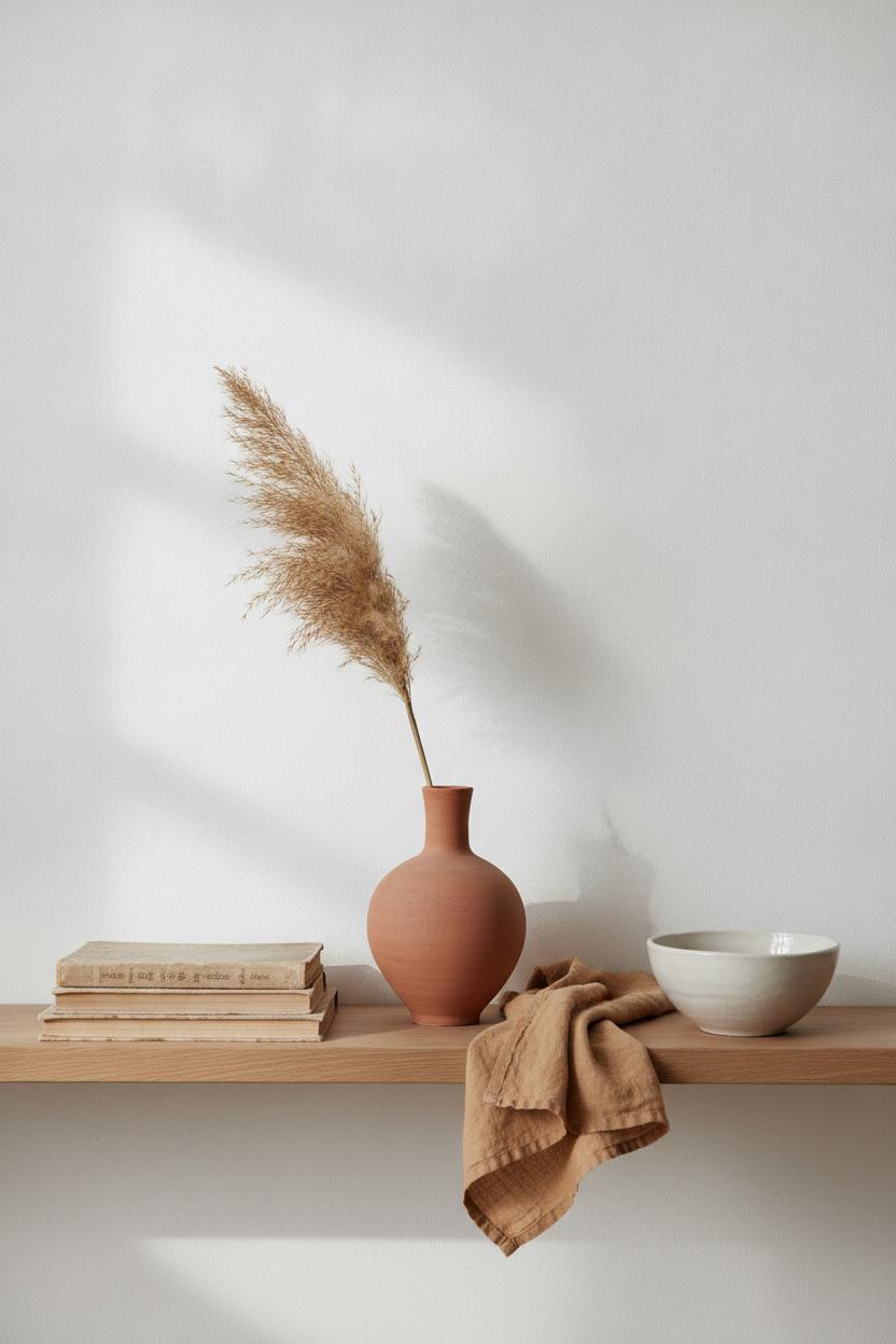 Minimalist open shelf with books, pampas grass vase, and ceramic bowl — slow living home aesthetic tips