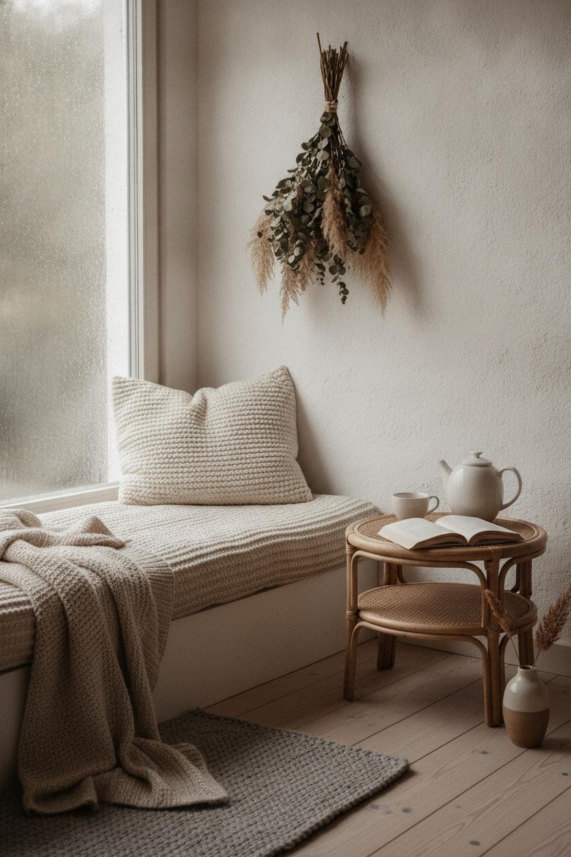 Cozy hygge reading nook with bouclé cushion, rattan tray, and teapot — slow living home aesthetic tips
