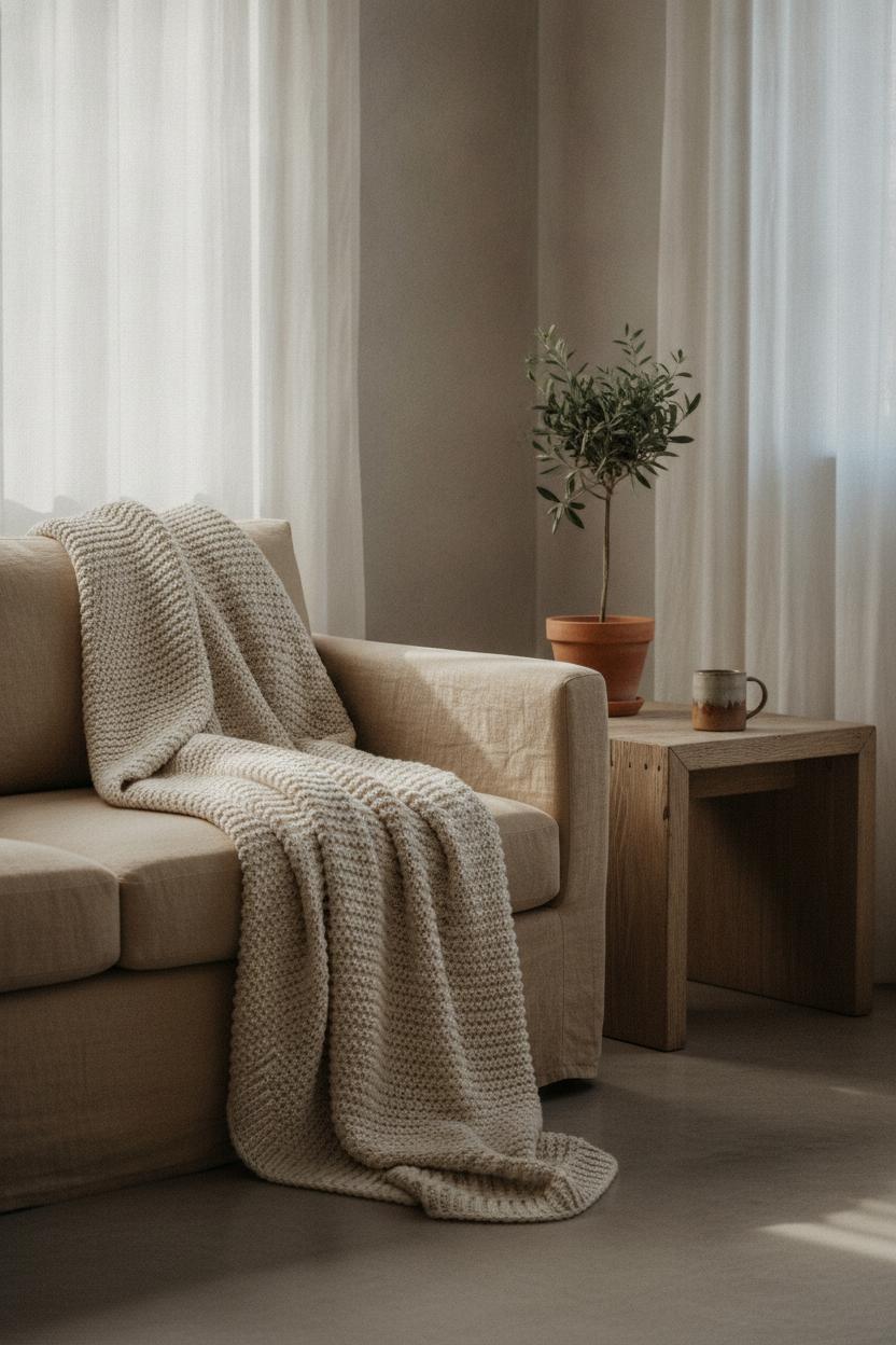Cozy linen sofa with chunky knit throw and olive tree embody slow living home aesthetic tips in warm neutral tones