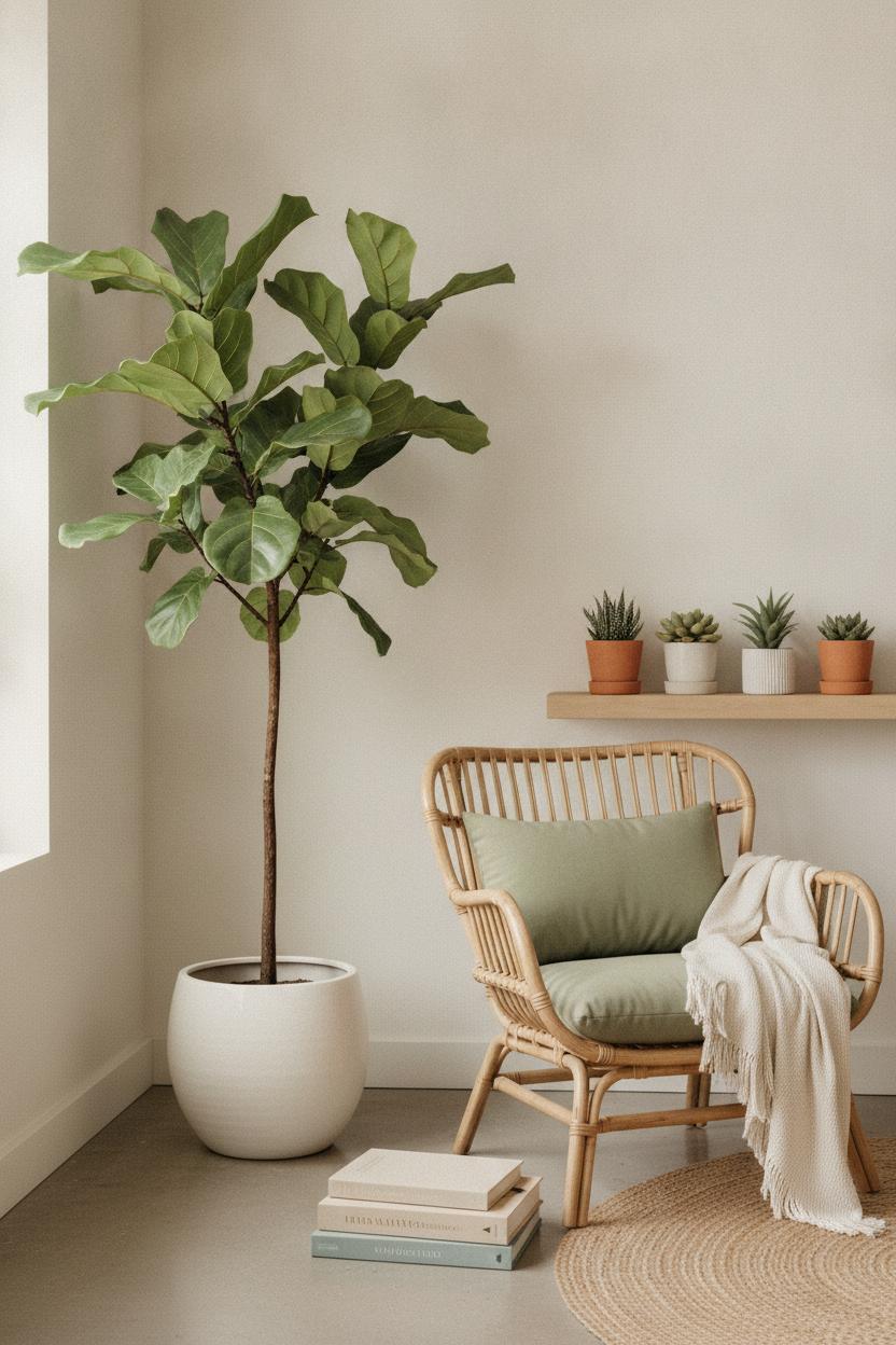 Cozy living room ideas for summer with fiddle leaf fig, succulents, rattan chair, and warm neutral tones
