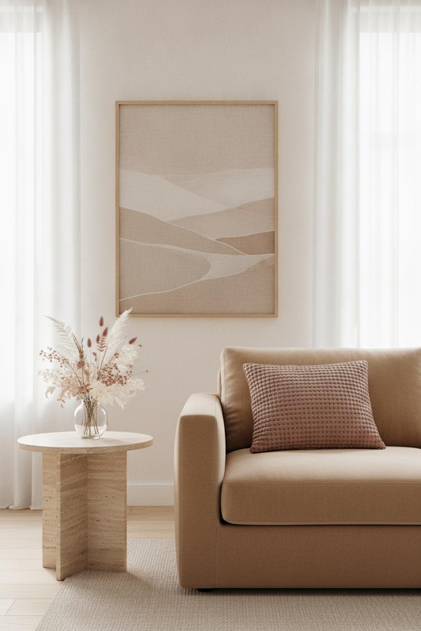 Cozy living room ideas for summer featuring oatmeal sofa, dusty rose pillow, travertine table, and dried wildflowers in warm neutrals