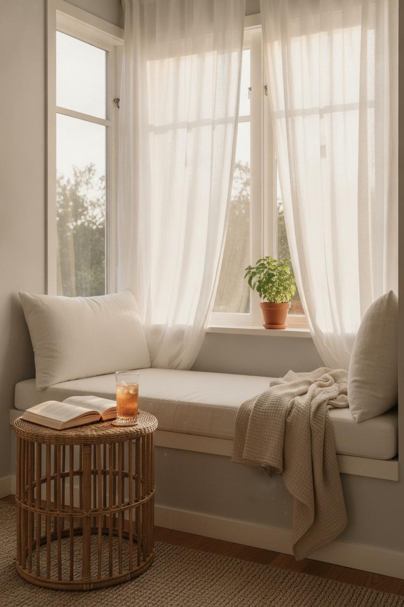 Cozy living room ideas for summer: window reading nook with linen cushions, rattan table, iced drink, and sheer curtains in warm light