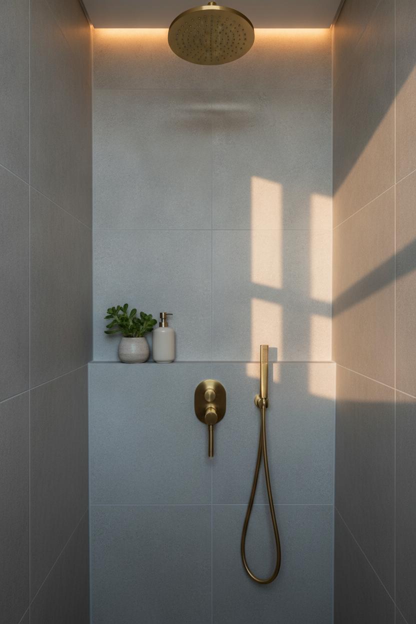 Compact shower stall with large greige stone-look tiles and brushed gold fixtures — small bathroom shower ideas done right