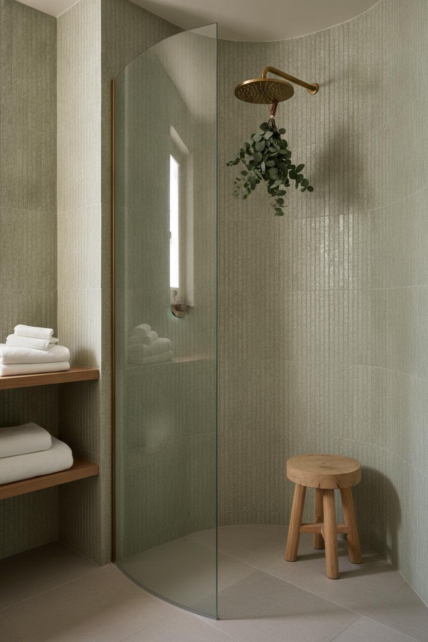 Corner walk-in shower with sage zellige tiles and rain showerhead — small bathroom shower ideas done right