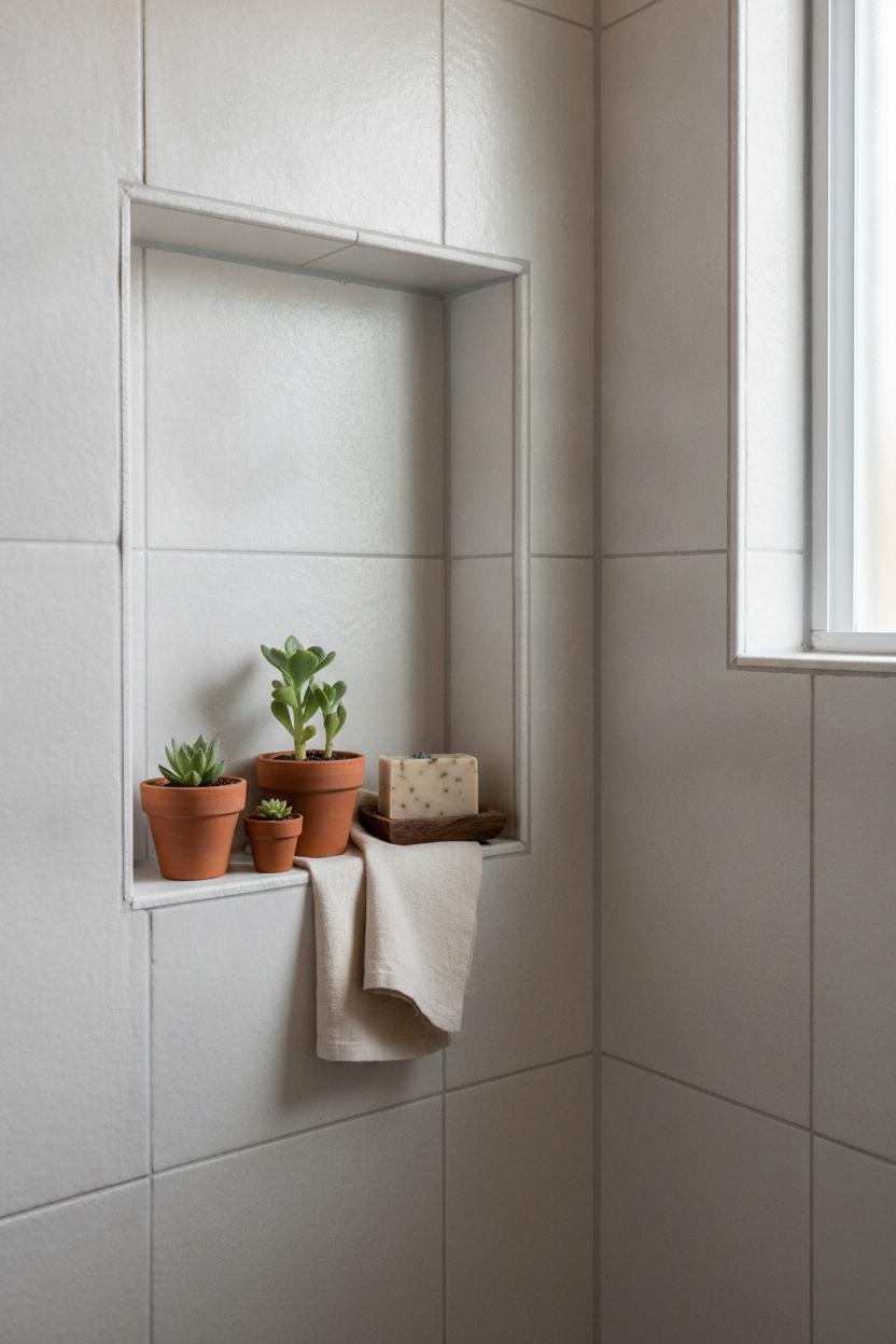 Small bathroom shower ideas: recessed niche with terracotta pots, artisan soap, and linen cloth on handmade white textured tiles