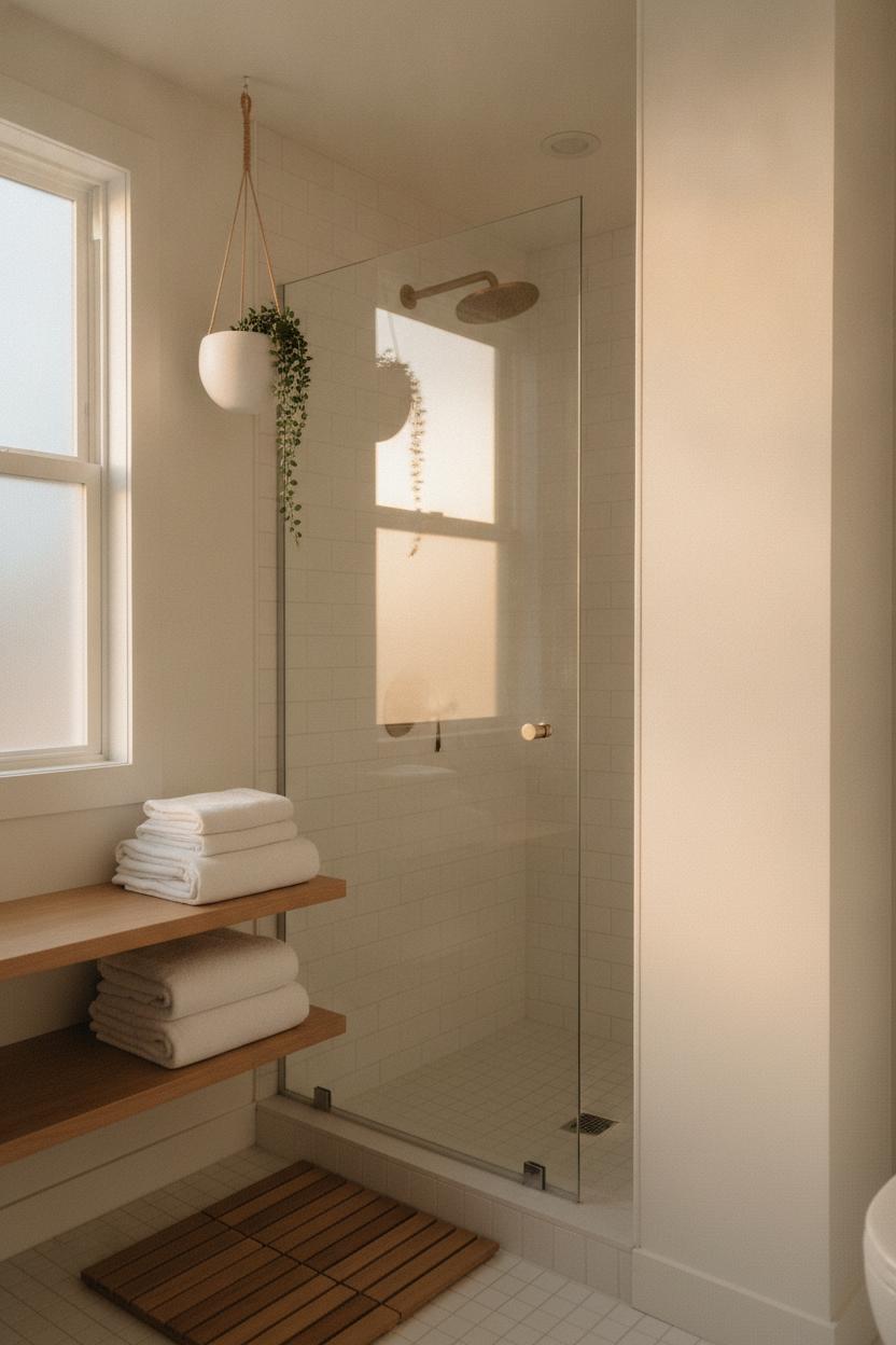 Small bathroom shower ideas: frameless glass walk-in shower with white subway tiles, wooden bath mat, and warm morning light