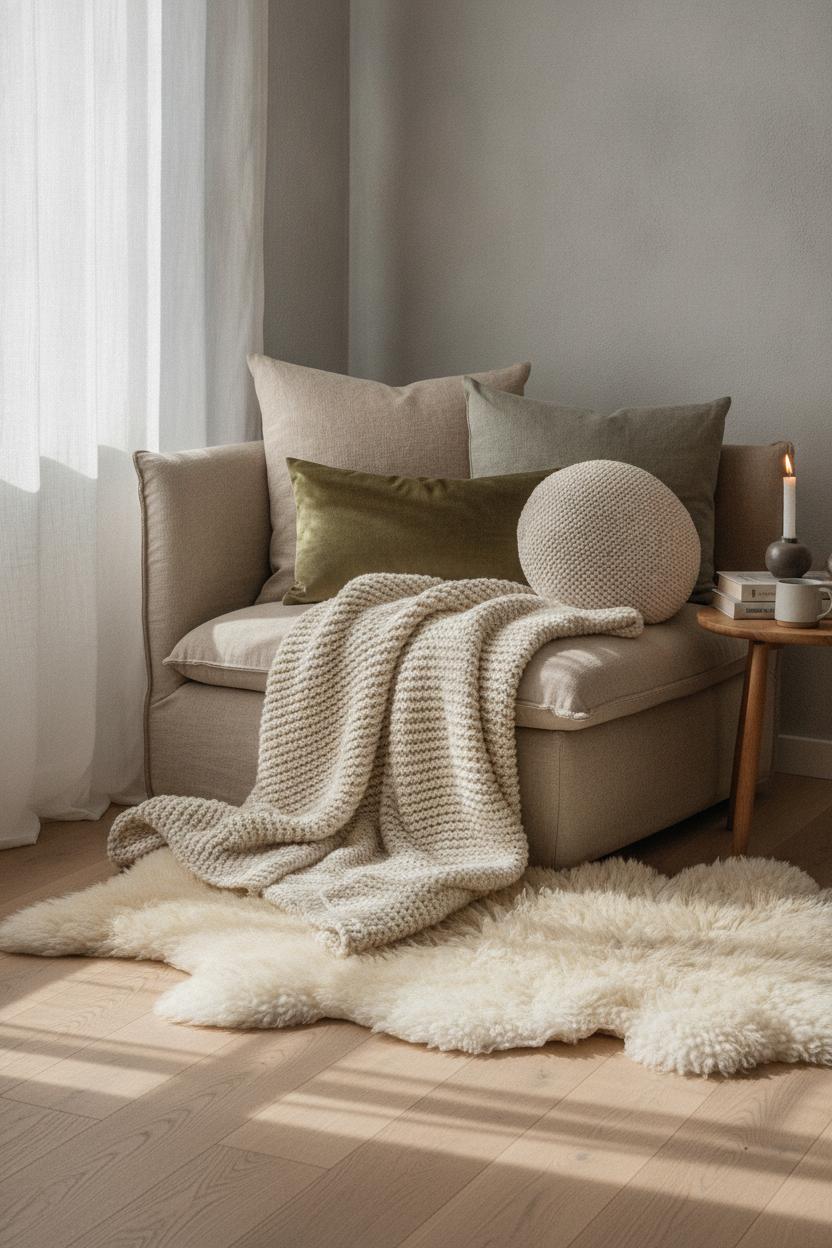Cozy living room textiles and throws layered with chunky wool, linen cushions, and sheepskin rug in warm candlelight