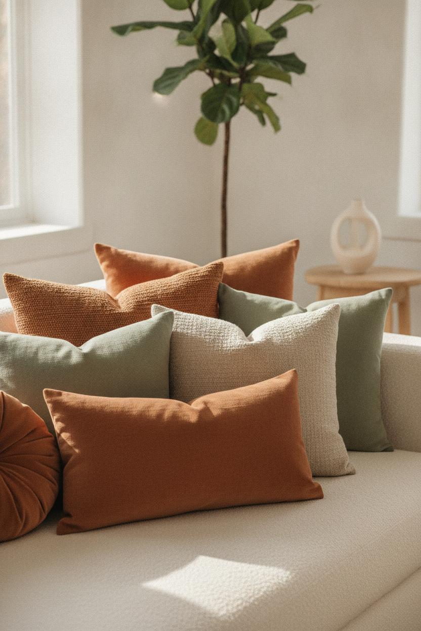 Terracotta, sage, and oatmeal cushions on cream boucle sofa — cozy living room textiles and throws styling
