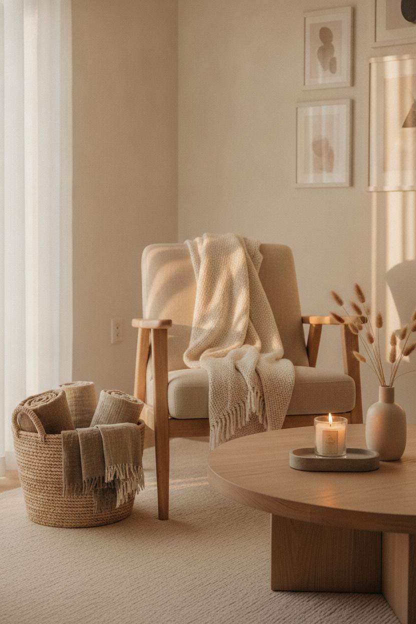 Cozy living room textiles and throws styled in minimalist space with merino wool throw, jute basket, and pampas grass décor