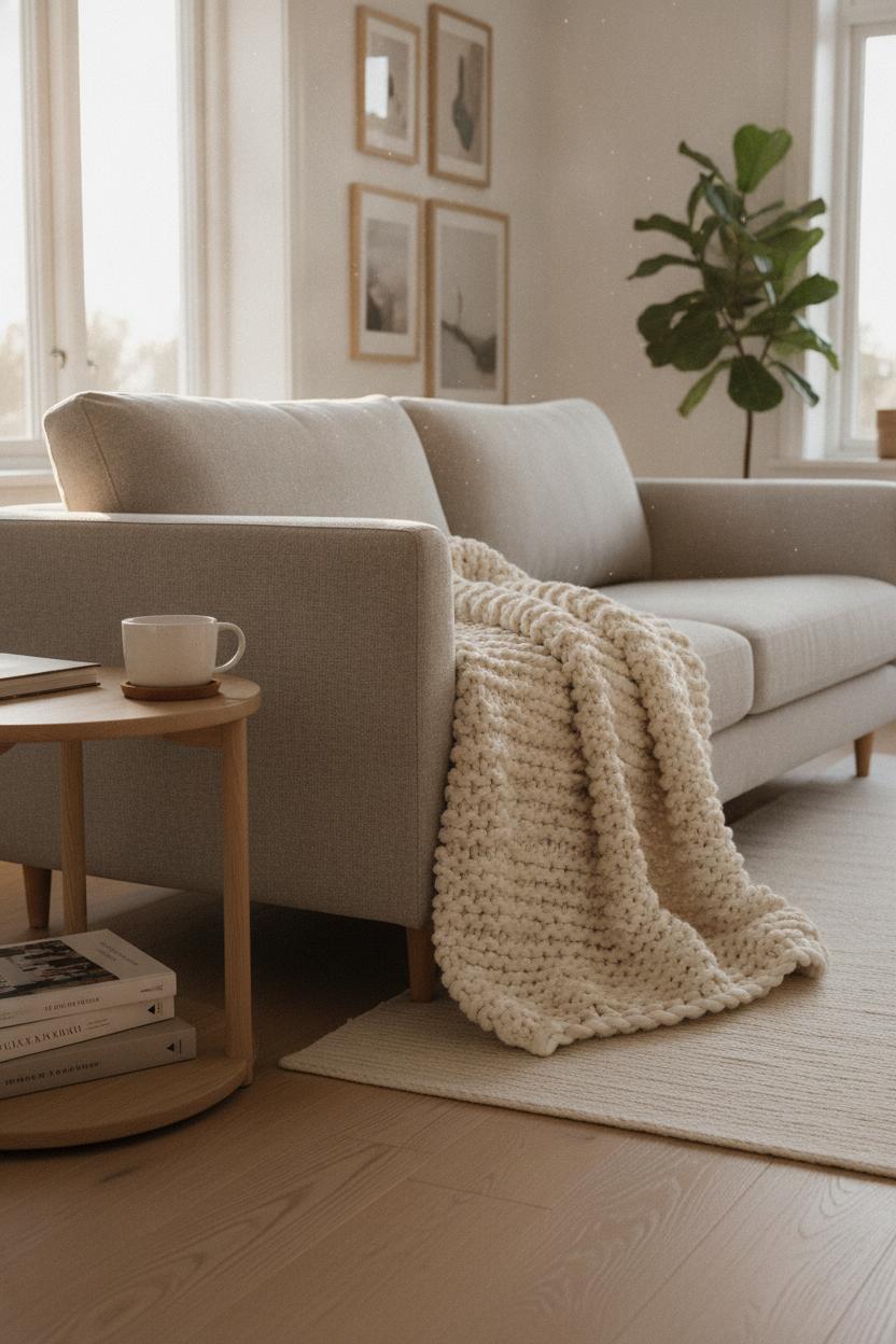 Chunky knit cream throw blanket on grey linen sofa with coffee mug — <a href=