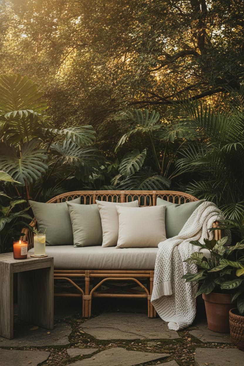 Cozy backyard rattan loveseat with sage green cushions and cotton throw — seasonal outdoor decor for summer lounge nook