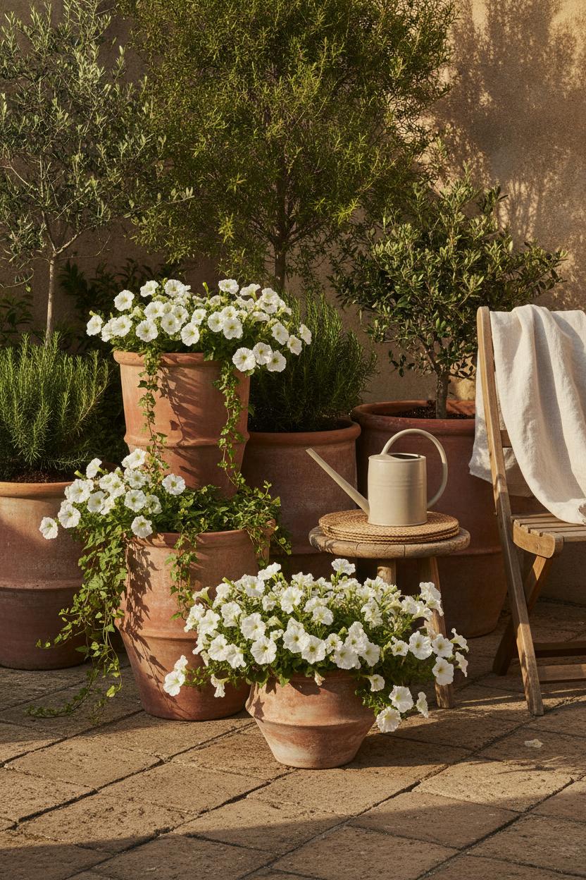 Styled garden patio with terracotta pots, ivy, petunias, and olive branches — seasonal outdoor decor for summer