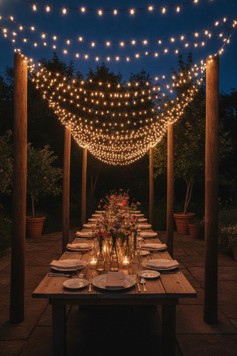 Rustic outdoor dining table with Edison string lights and wildflowers for seasonal outdoor decor for summer