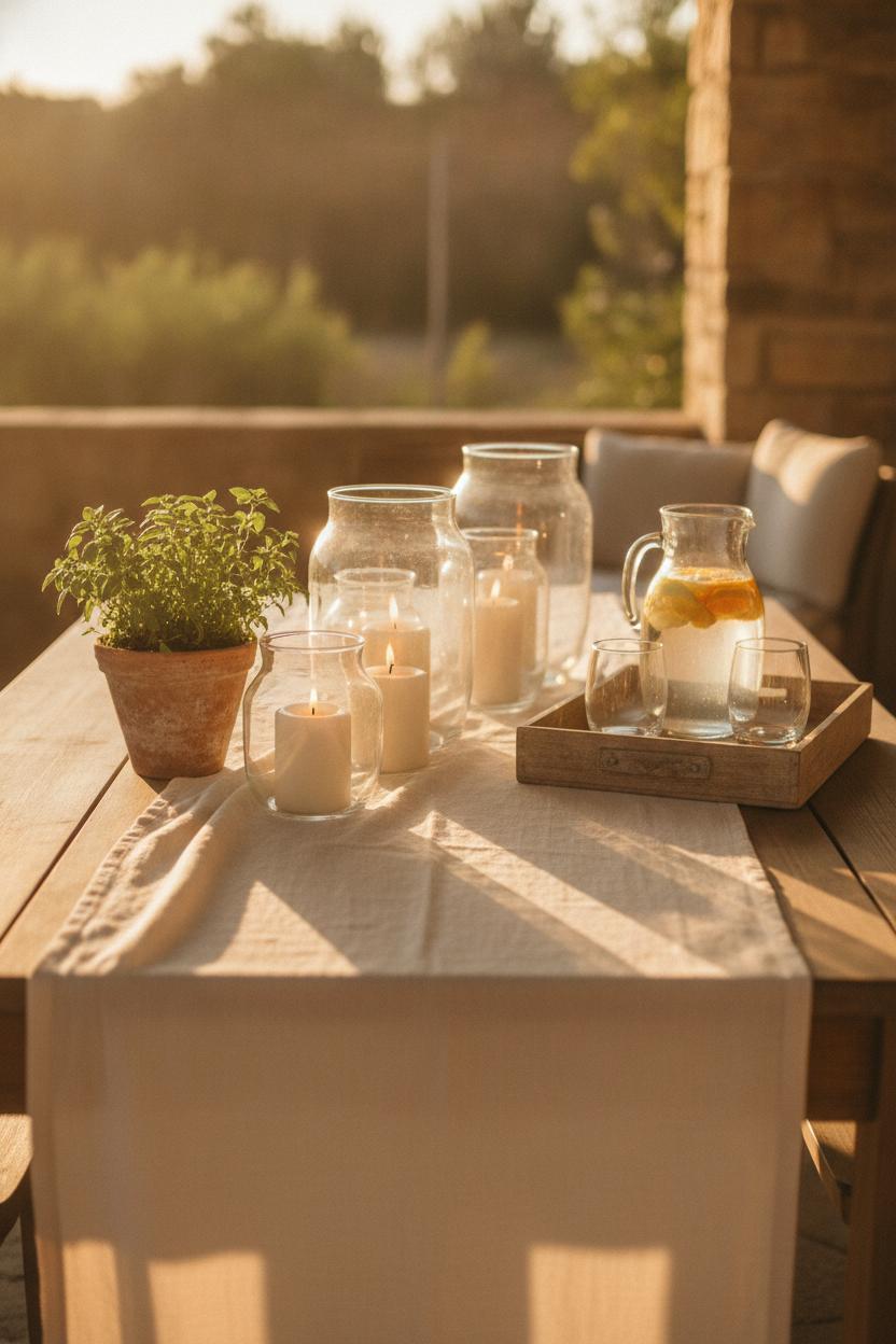 Sun-washed patio table with glass lanterns, candles, and herbs — seasonal outdoor decor for summer evenings