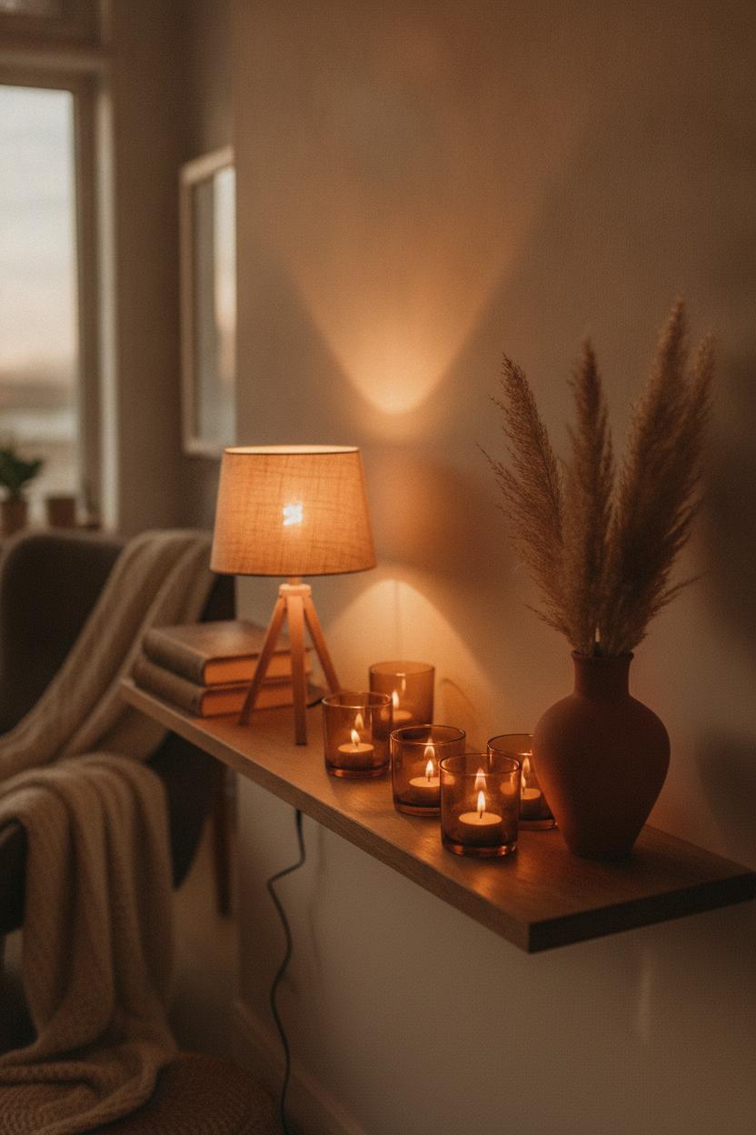 Cozy home aesthetic on a budget with amber candle holders, Edison lamp, and pampas grass in warm golden light