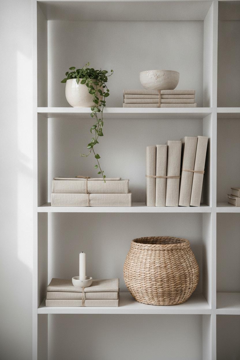 White shelves styled with linen books, ceramic bowl, candle, and plant — cozy home aesthetic on a budget