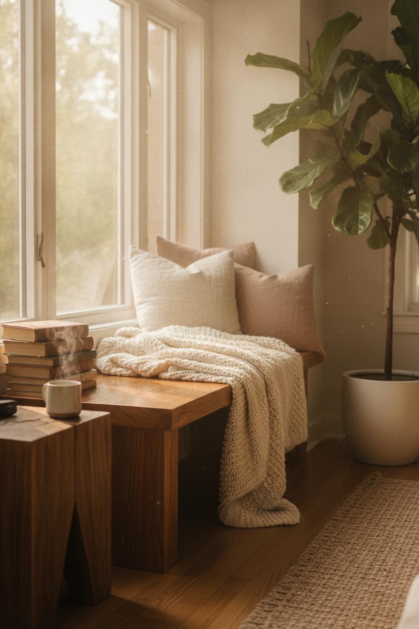 Cozy home aesthetic on a budget: window reading nook with knit blanket, linen cushions, books, and steaming mug